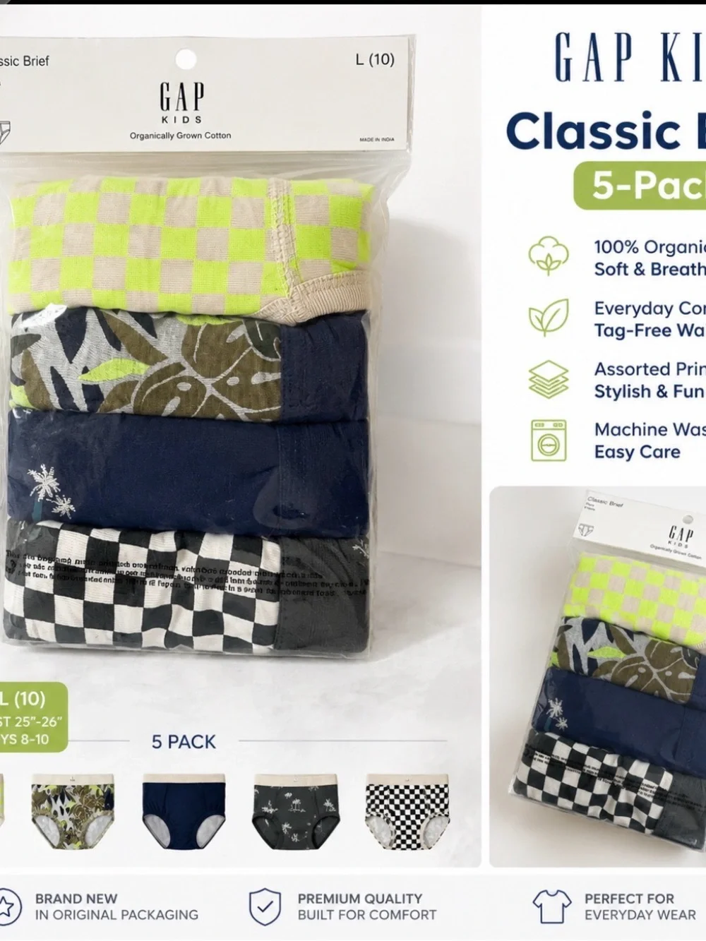 GAP Kids 5-Pack Boys Briefs - Neon Green Checker & Navy Mix